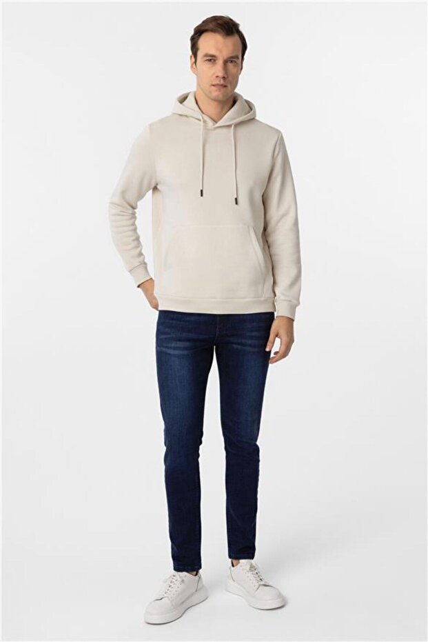 Bej Regular Düz Kapüşonlu Yaka Triko - 5