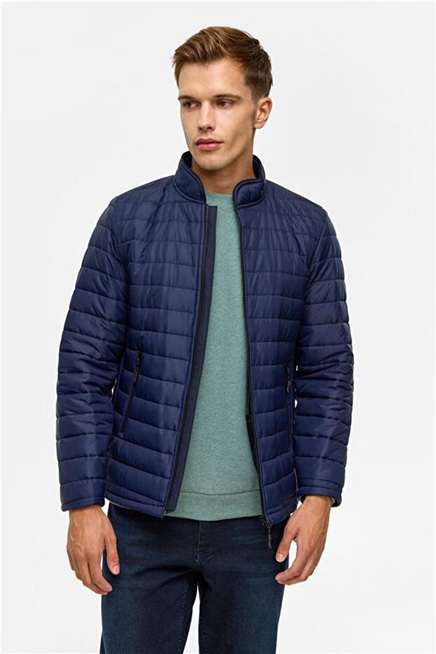 Lacivert Slim Kapitone Mont - 5