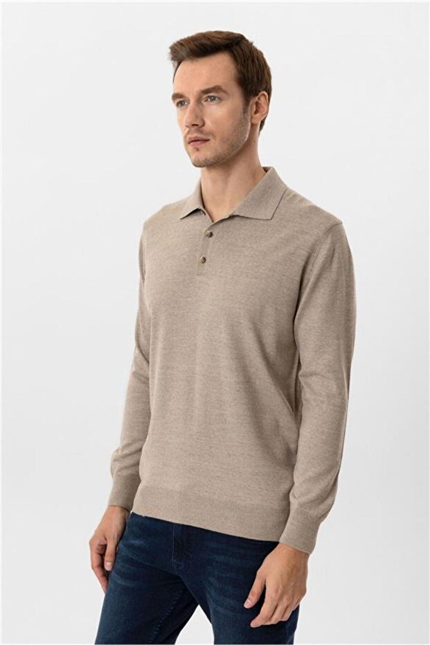 Bej Regular Düz Polo Yaka Triko - 6