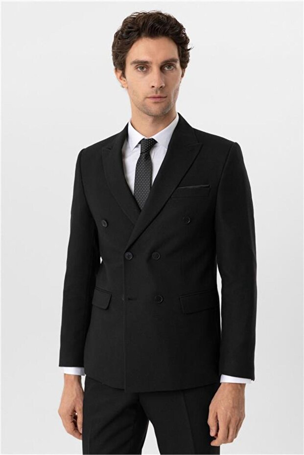 Black Slim Dobby Pointed Collar 6 Drop Suit - 2