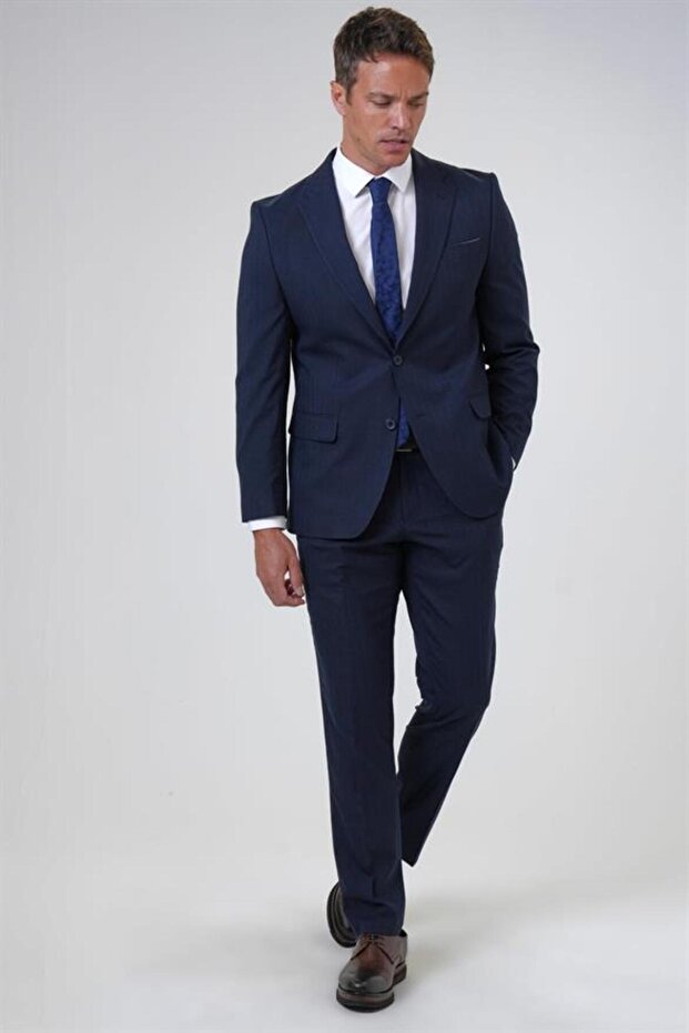 Lacivert Regular Armürlü Sivri Yaka 4 Drop Takım Elbise - 1