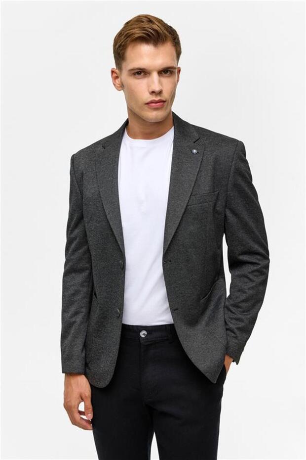 سترة سوداء رفيعة منقوشة بياقة مونو 6 دروب - 4