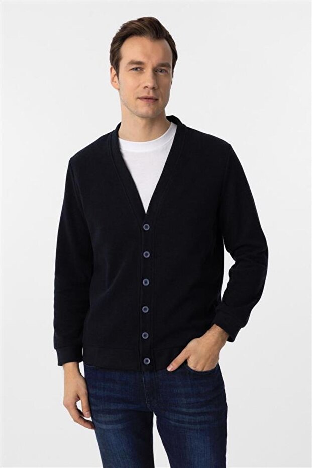 Lacivert Regular Armürlü V Yaka Hırka - 2