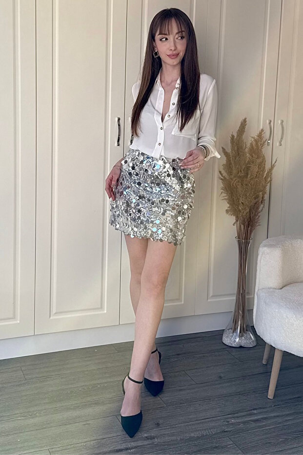 Şık Pullu Mini Gümüş Etek - 5