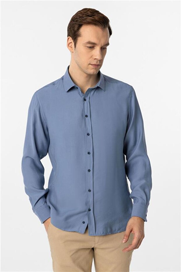 Köşeli Manşet Slim Düz Gömlek - 2