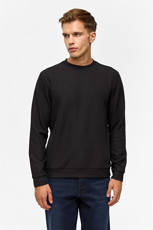 Siyah Regular Düz Bisiklet Yaka Sweatshirt - 4