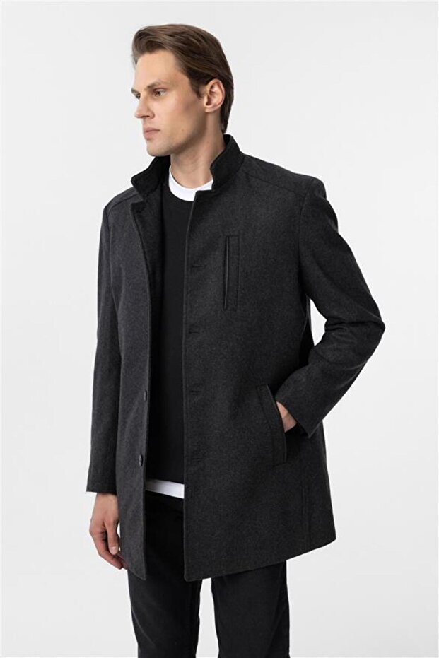 Antrasit Regular Düz Hakim Yaka Kaban - 3