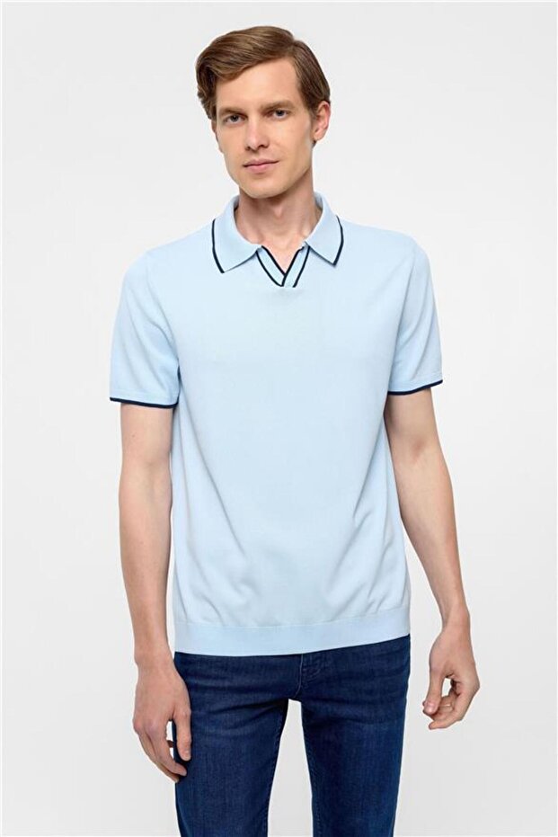 Buz Mavi Regular Düz Polo Yaka Triko - 2