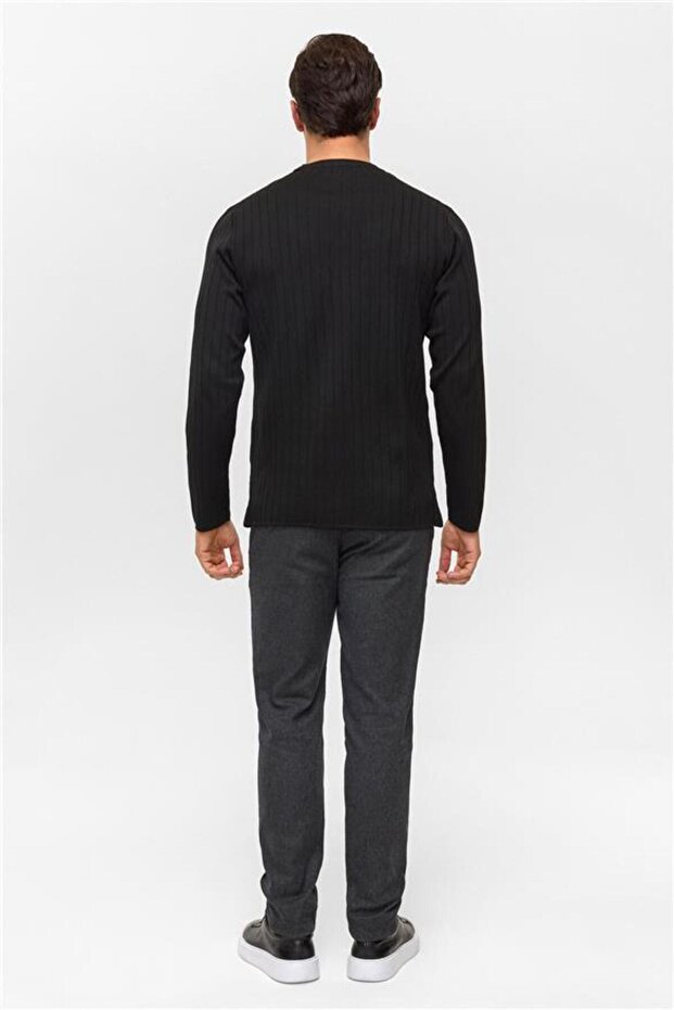 Siyah Regular Desenli Bisiklet Yaka Triko - 5