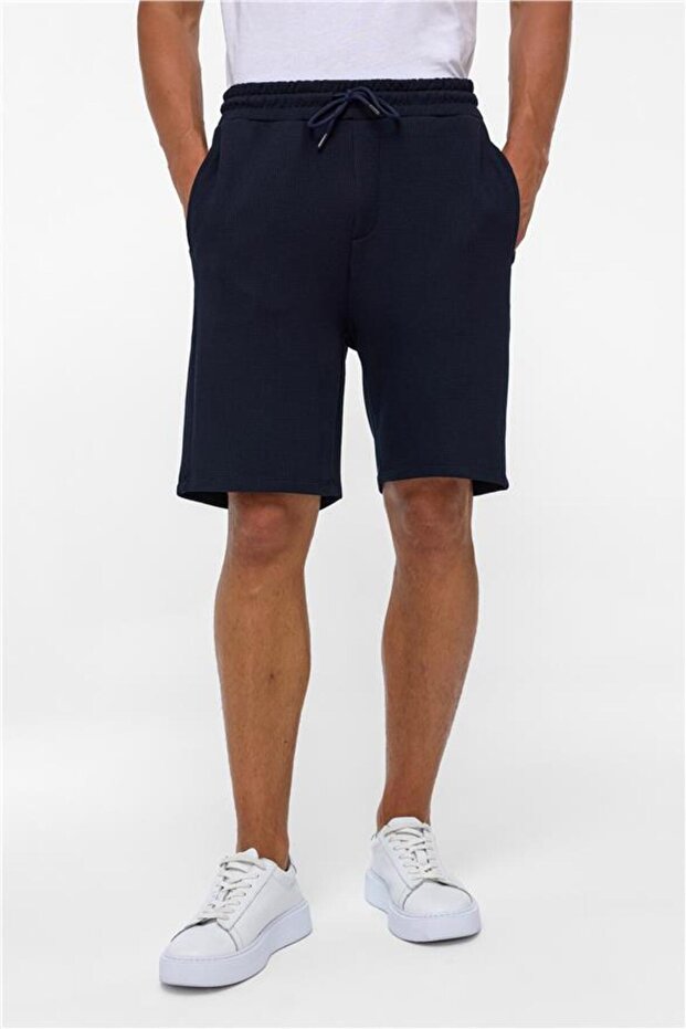 Lacivert Regular Armürlü Örme Şort - 2