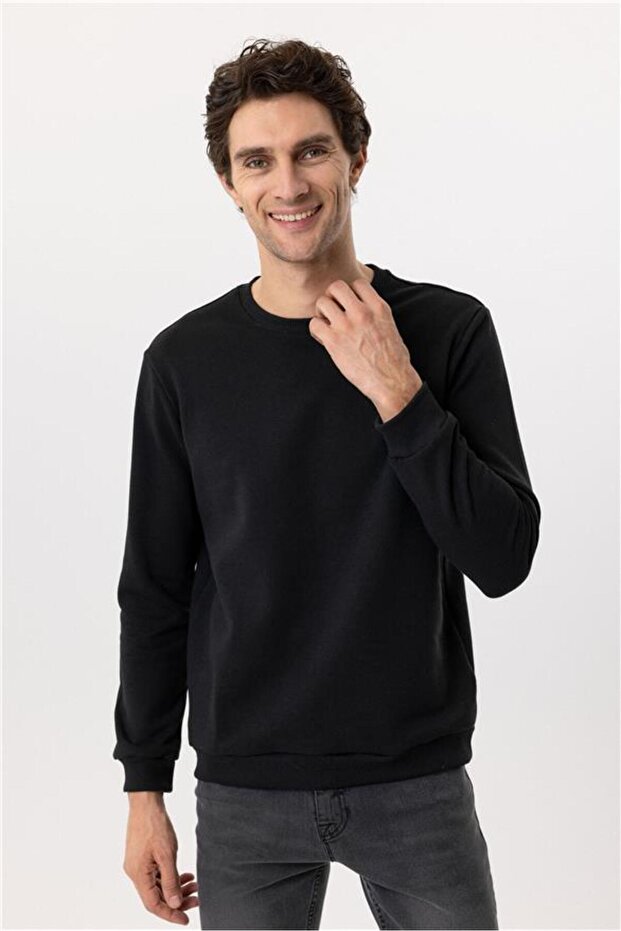 Siyah Regular Düz Bisiklet Yaka Sweatshirt - 1