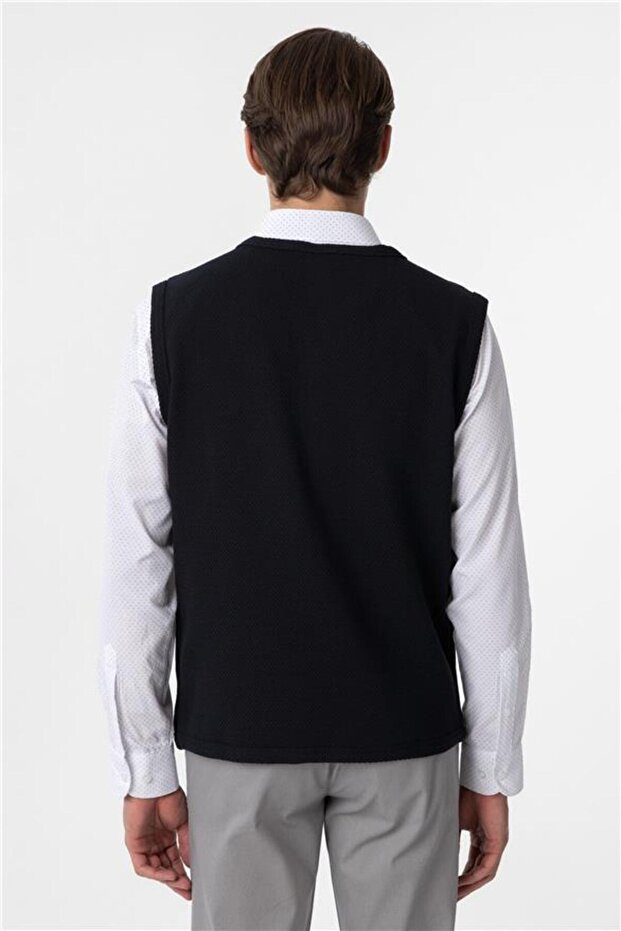 Lacivert Regular Kapitone V Yaka Yelek - 5