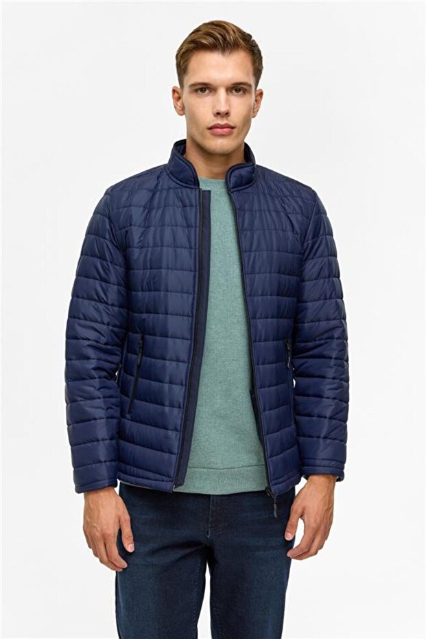 Lacivert Slim Kapitone Mont - 4