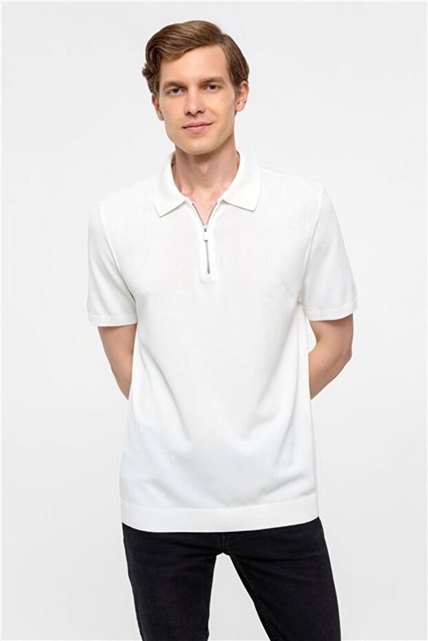 Beyaz Regular Düz Polo Yaka Triko - 3