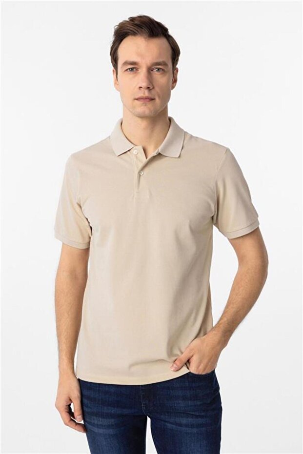 Bej Regular Armürlü Polo Yaka Tişört - 1