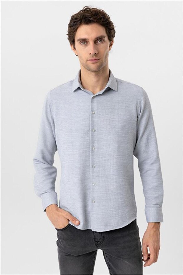 Köşeli Manşet Slim Armürlü Gömlek - 1