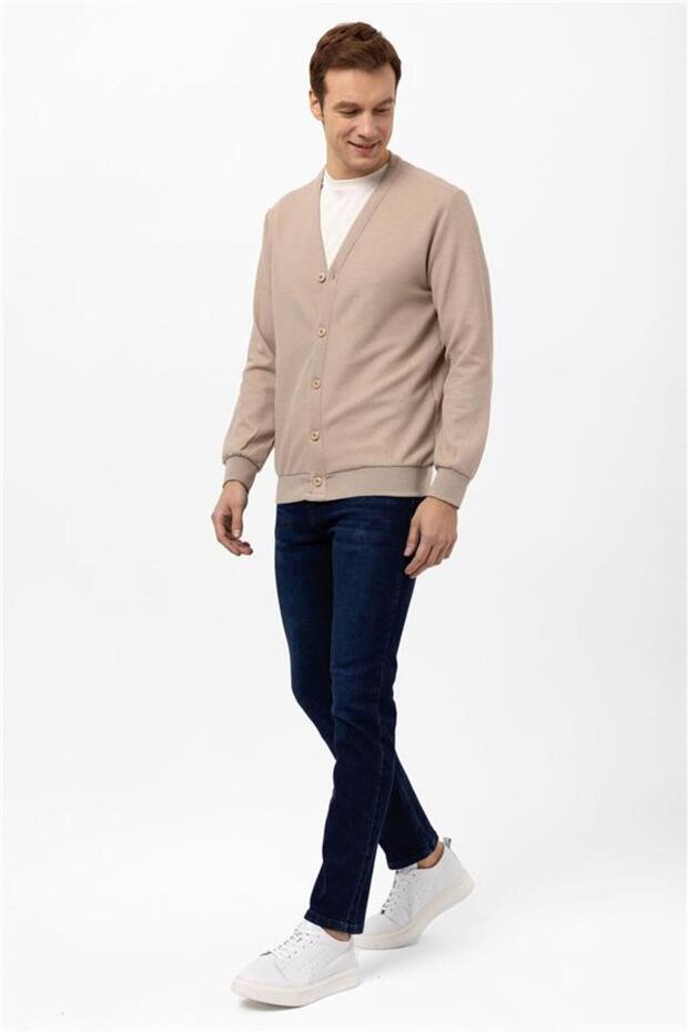 Bej Regular Kapitone Düğmeli Yaka Hırka - 4