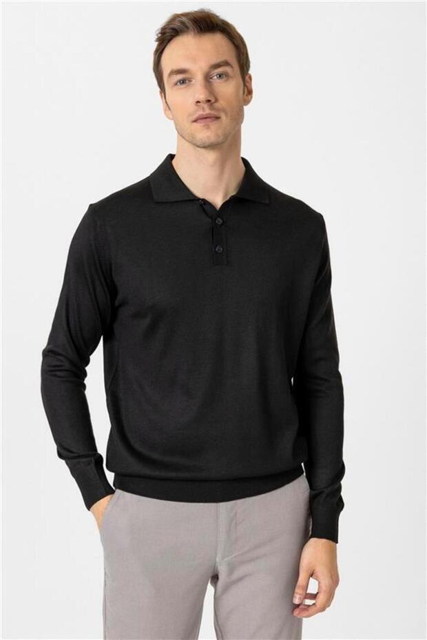Siyah Regular Düz Polo Yaka Triko - 1