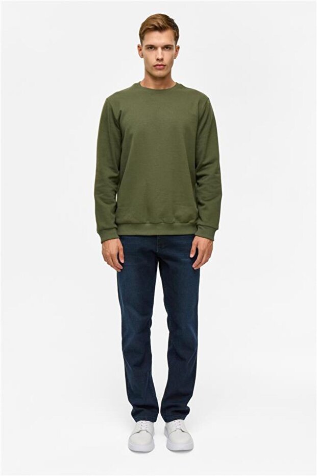 Haki Regular Düz Bisiklet Yaka Sweatshirt - 7