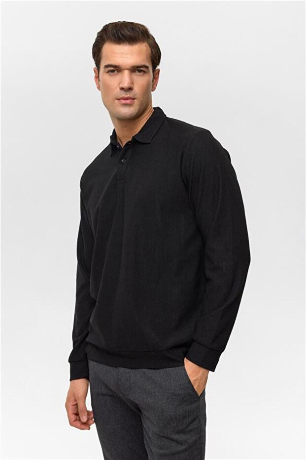Siyah Regular Düz Polo Yaka Sweatshirt - 2