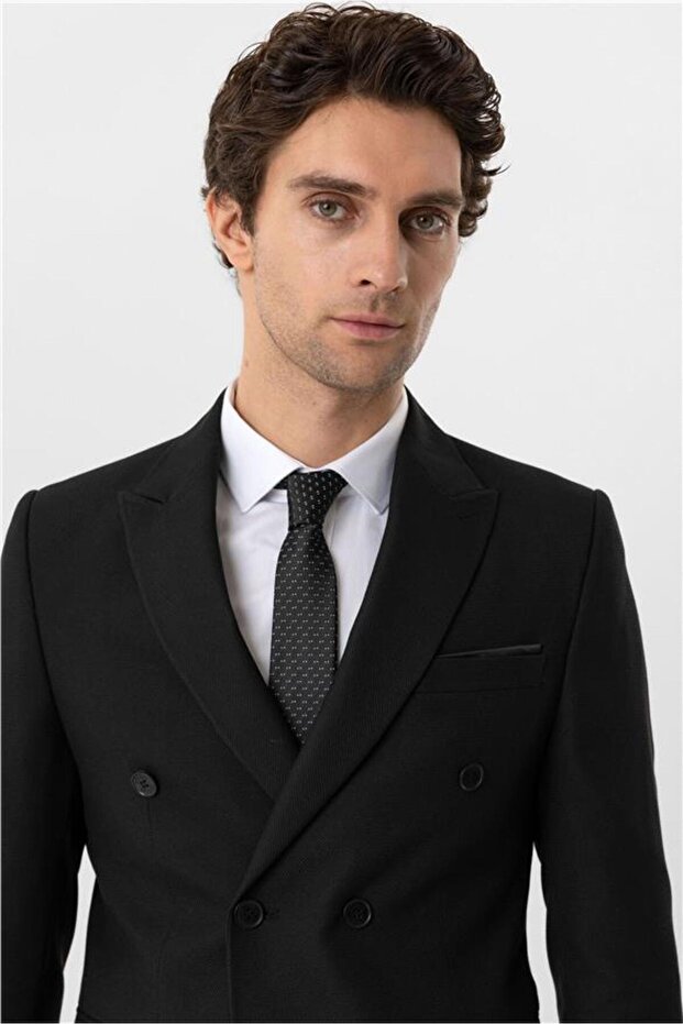 Black Slim Dobby Pointed Collar 6 Drop Suit - 4
