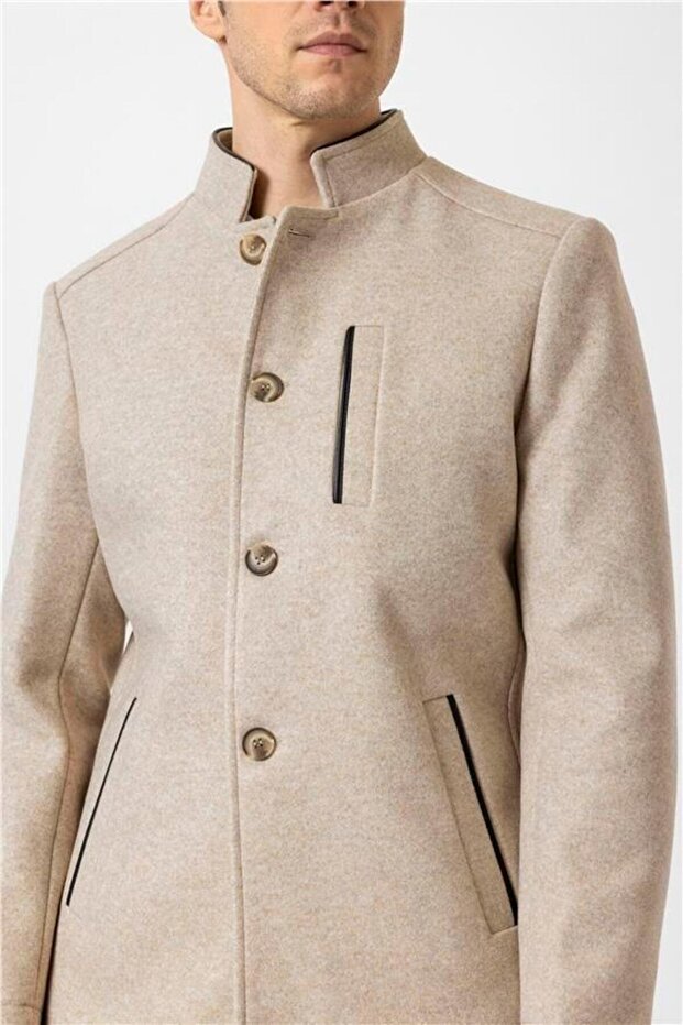 Bej Regular Düz Hakim Yaka Kaban - 4