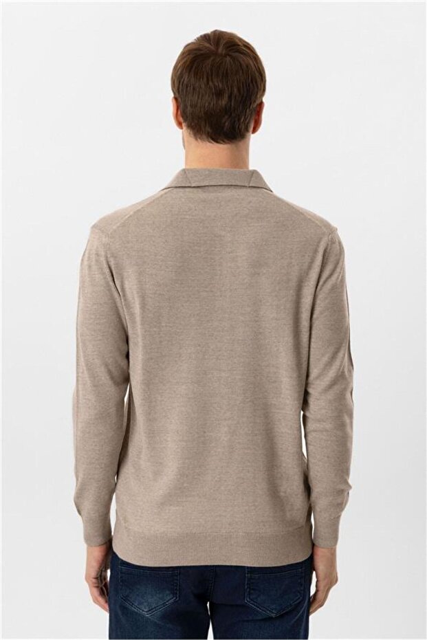 Bej Regular Düz Polo Yaka Triko - 7