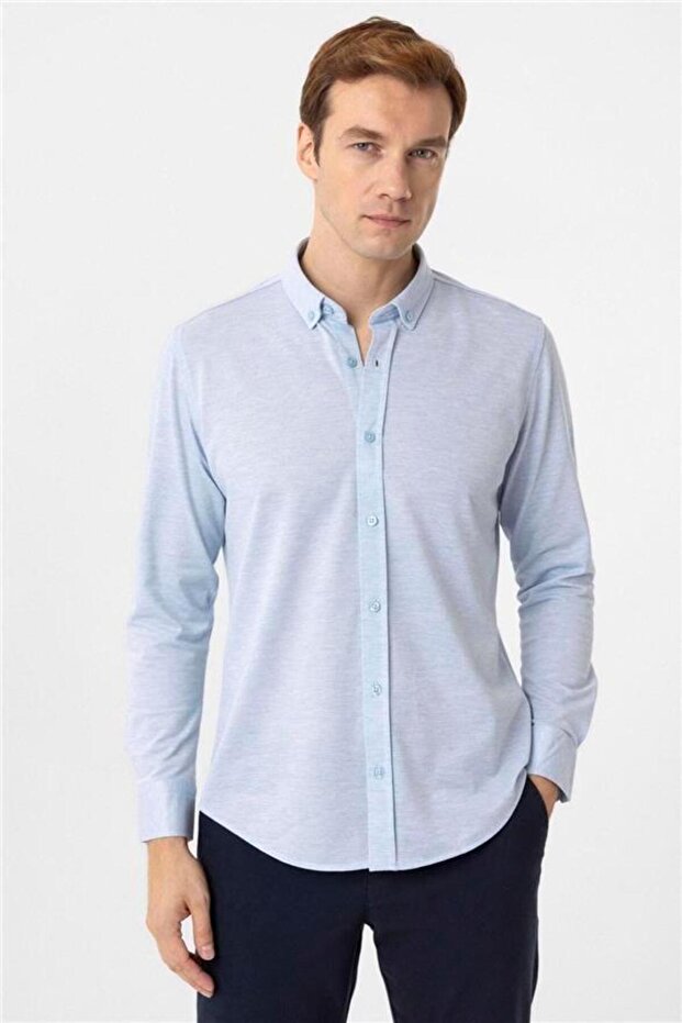 Manşetli Slim Armürlü Gömlek - 1
