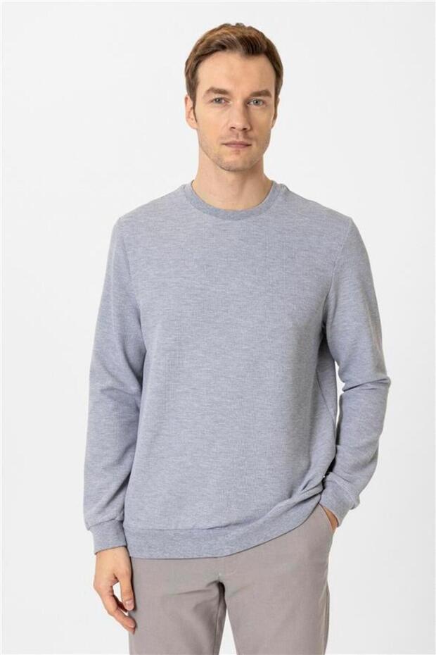 Gri Regular Armürlü Bisiklet Yaka Triko - 2