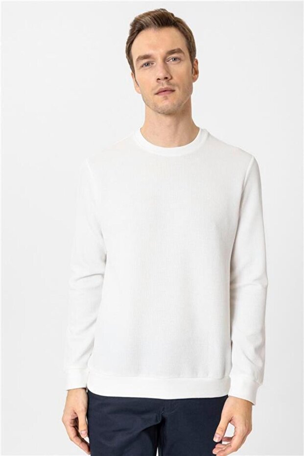 Beyaz Regular Armürlü Bisiklet Yaka Triko - 1