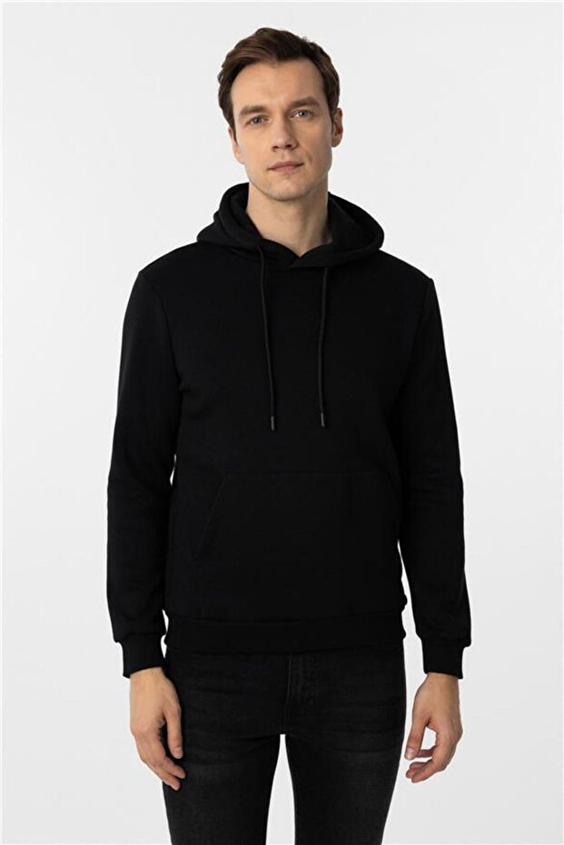 Siyah Regular Düz Kapüşonlu Yaka Triko - 1