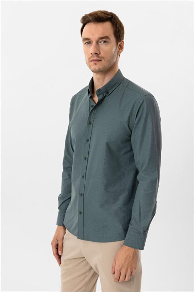 Köşeli Manşet Slim Baskılı Gömlek - 5