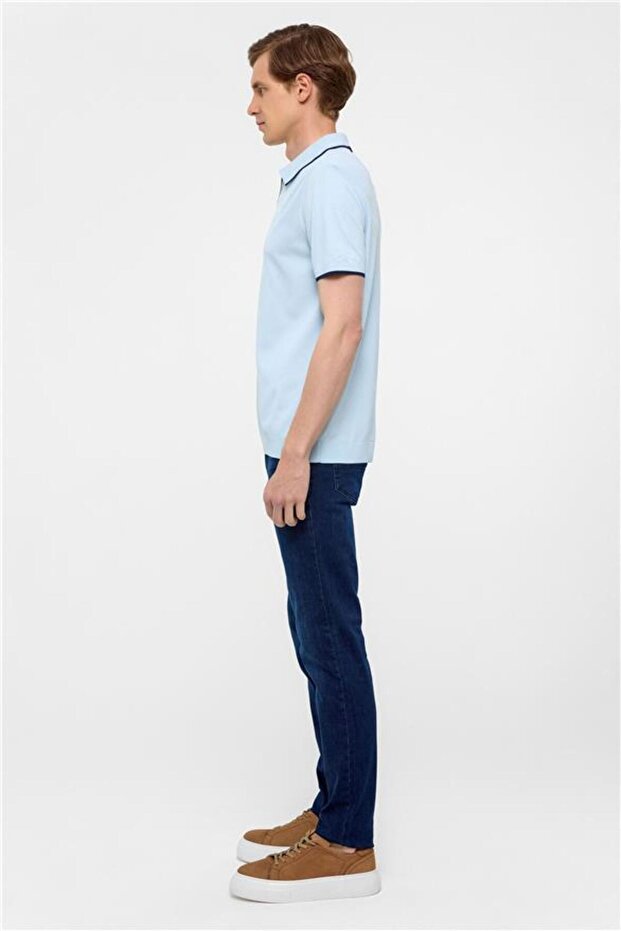 Buz Mavi Regular Düz Polo Yaka Triko - 5
