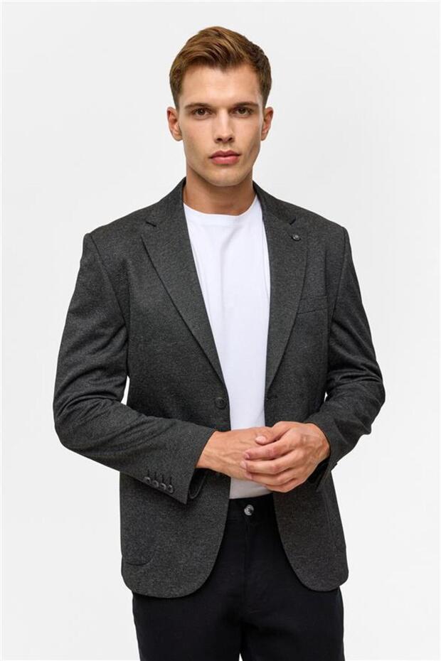 سترة سوداء رفيعة منقوشة بياقة مونو 6 دروب - 3