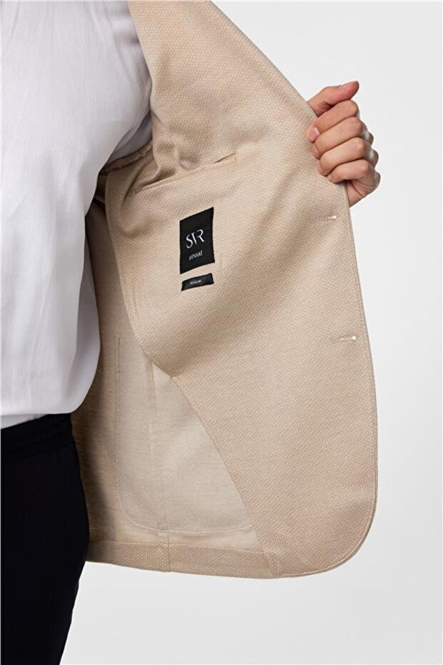 Bej Regular Desenli Mono Yaka 4 Drop Ceket - 5