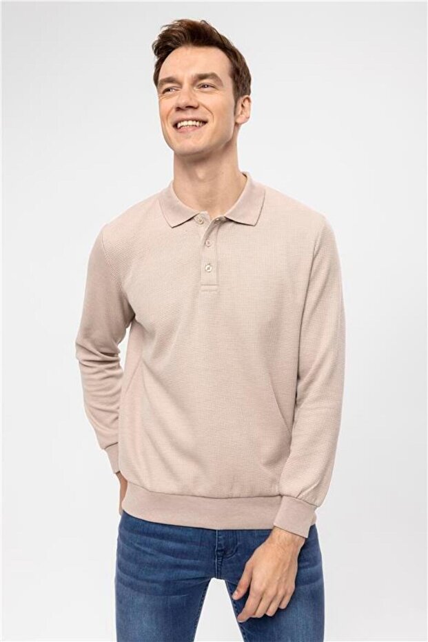 Bej Regular Armürlü Polo Yaka Sweatshirt - 2