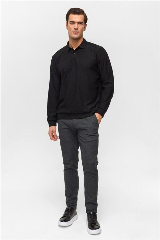 Siyah Regular Düz Polo Yaka Sweatshirt - 6