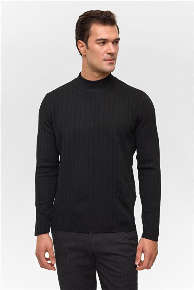 Siyah Regular Desenli Bisiklet Yaka Triko - 1