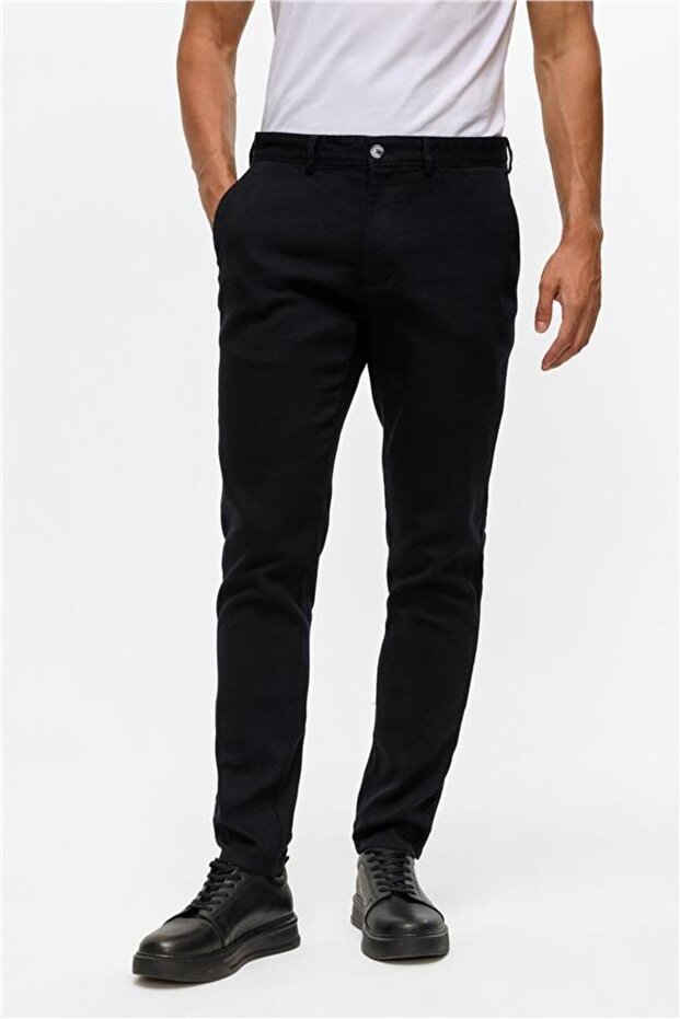 Siyah Slim Armürlü Pantolon - 2