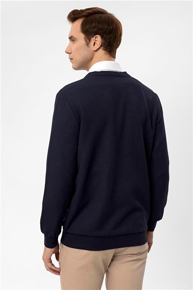 Lacivert Regular Kapitone Düğmeli Yaka Hırka - 5