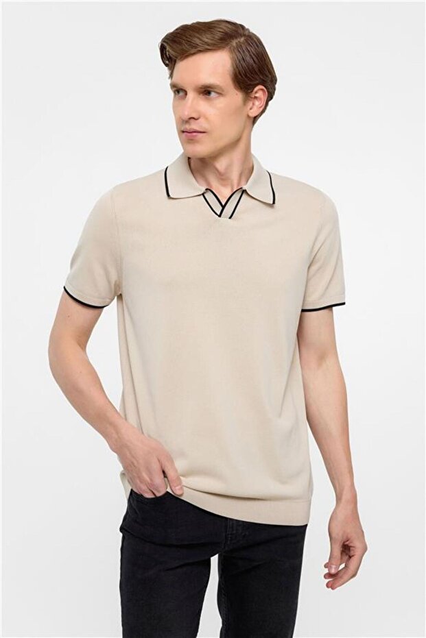 Bej Regular Düz Polo Yaka Triko - 2