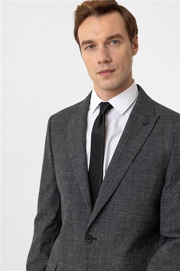 Antrasit Regular Desenli Sivri Yaka 6 Drop Takım Elbise - 5