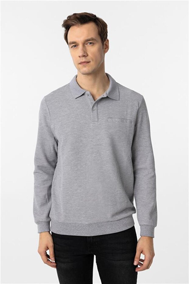Gri Regular Armürlü Polo Yaka Triko - 1