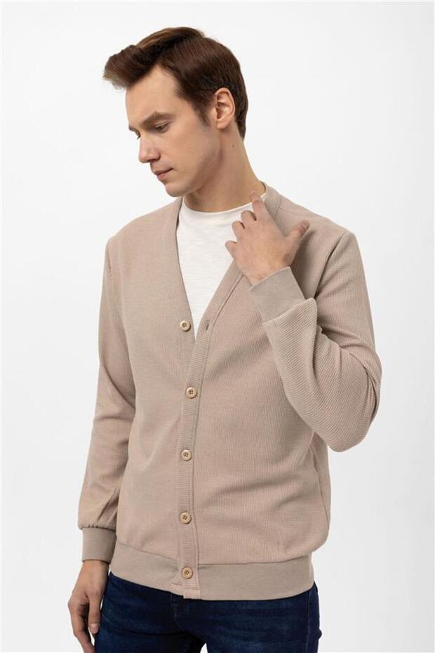 Bej Regular Kapitone Düğmeli Yaka Hırka - 7