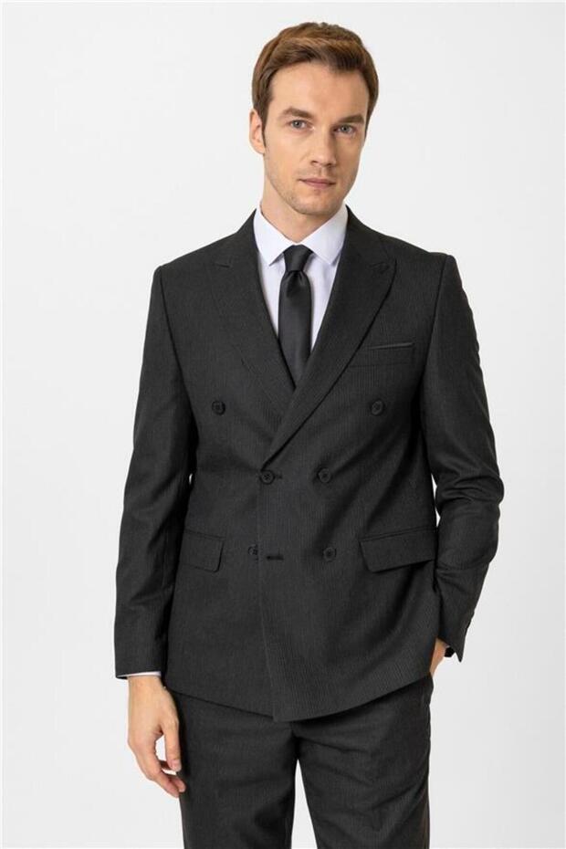 Siyah Slim Düz Kruvaze Yaka 6 Drop Takım Elbise - 2