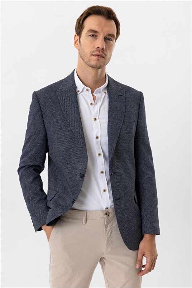 Lacivert Regular Desenli Sivri Yaka 4 Drop Ceket - 1