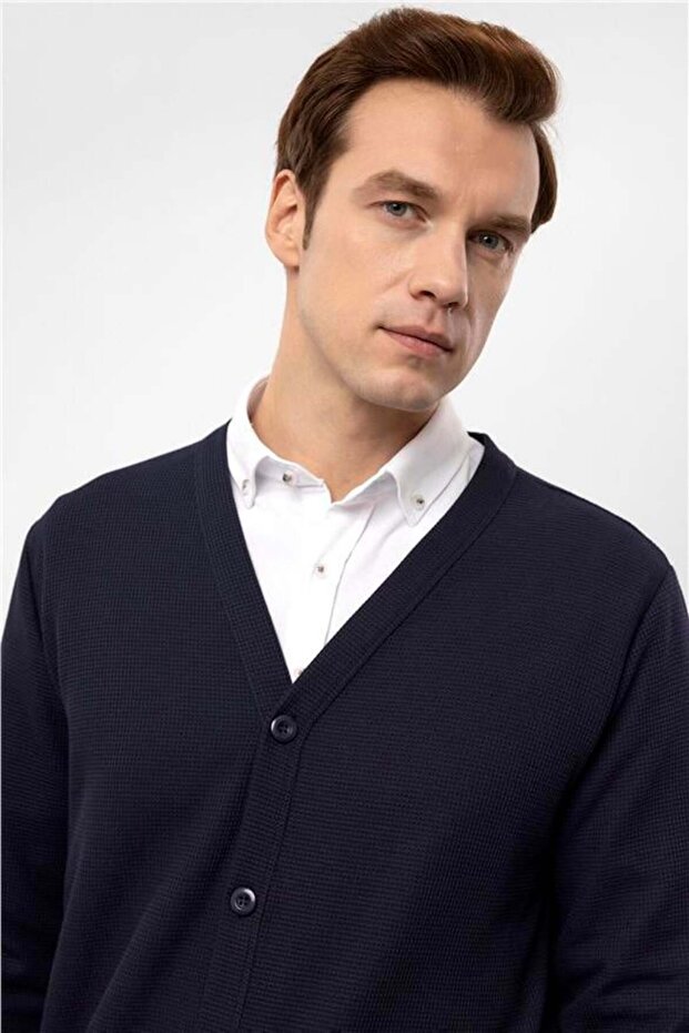 Lacivert Regular Kapitone Düğmeli Yaka Hırka - 4