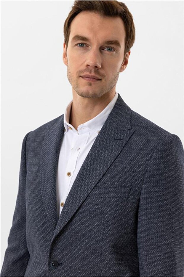 Lacivert Regular Desenli Sivri Yaka 4 Drop Ceket - 7