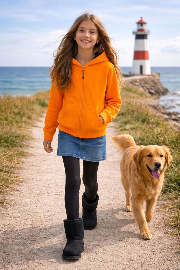 Hooded Children's Cardigan Orange Kangru with Pockets Zippered and Lined Inside