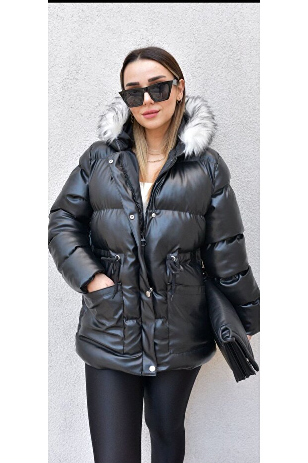 Women's Hooded Fur Puffer Leather Coat